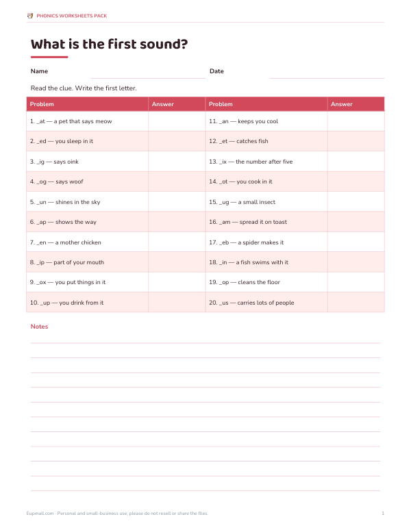 Preview of Beginning Sounds Worksheets