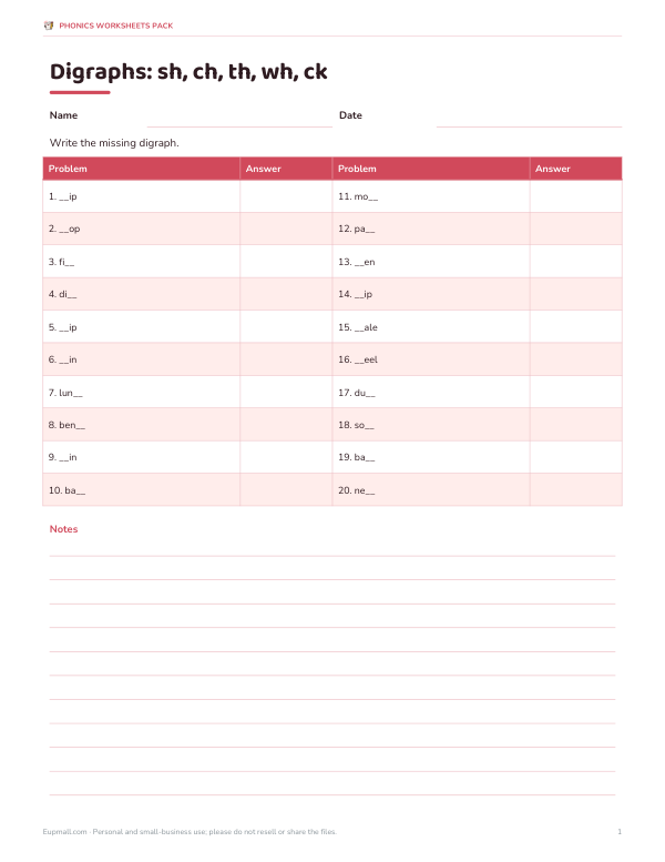 Preview of Printable Digraphs Missing Letter Worksheet