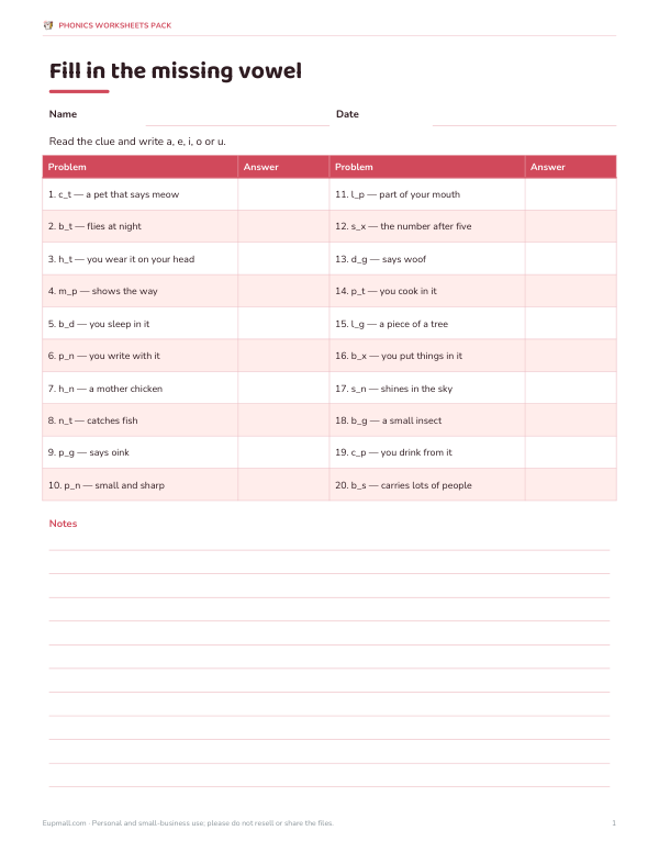 Preview of Missing Vowel Phonics Worksheet