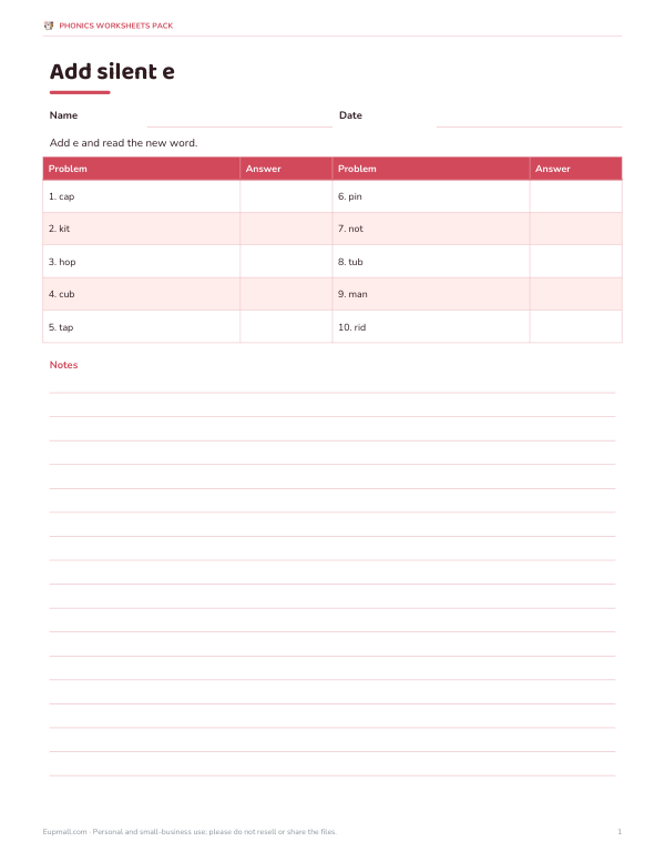 Preview of Silent e Word Practice Worksheet