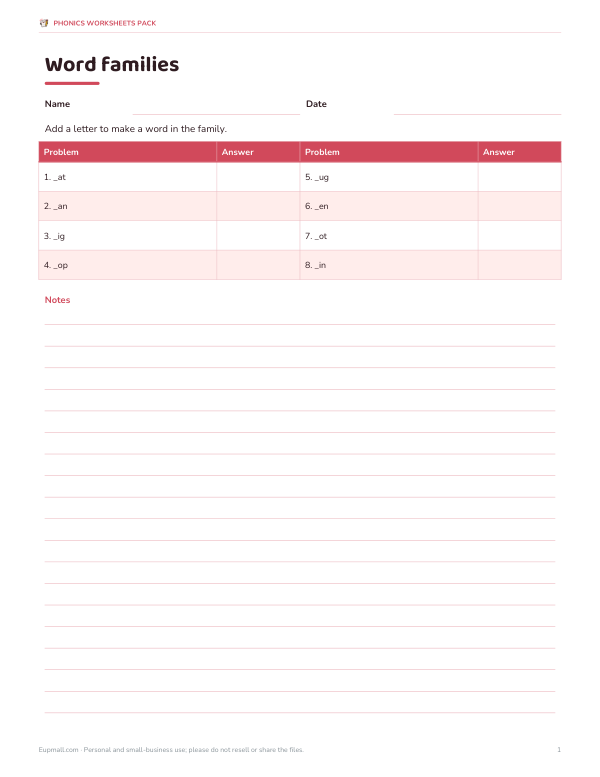Preview of Printable Word Families Worksheet